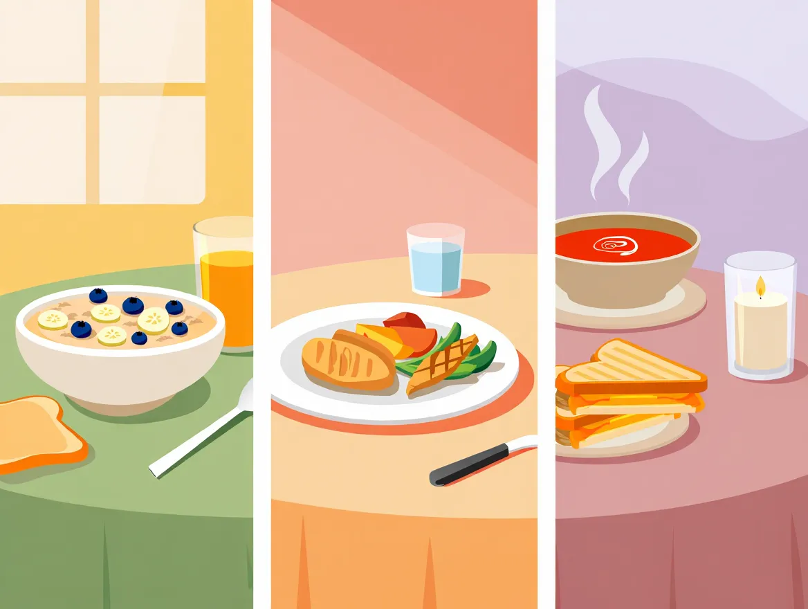 Illustration av en regelbunden daglig måltidsrytm med morgon, middag och kväll